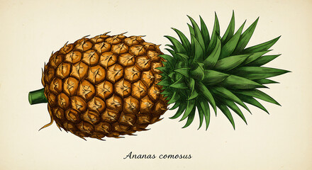 Vintage Botanical Illustration: Detailed Pineapple, Ananas comosus