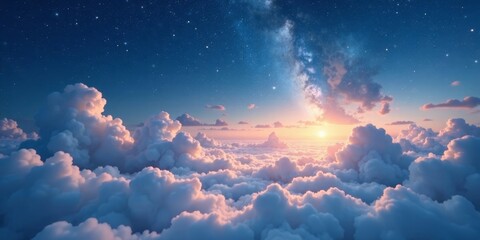 Serene Sunset Above a Sea of Clouds with a Starry Night Sky