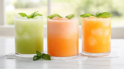 Refreshing fruit smoothies.  Three vibrant, chilled, blended fruit drinks, green, peach, and orange.  Garnished with fresh mint, perfect for a summer day