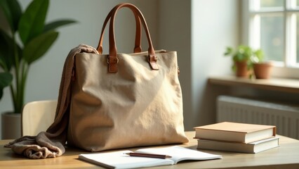 A beige canvas tote bag with leather handles rests on a wooden table, accompanied by a folded knitted scarf and a notepad with a pen, near a stack of books in soft natural light.