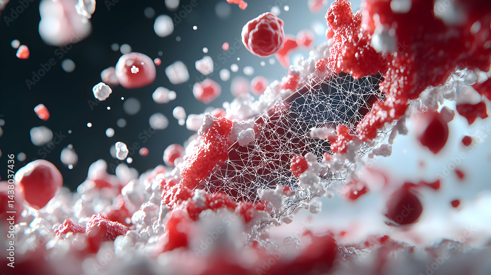 Poster an abstract microscopic view of cellular structures with a focus on the red and white components sug