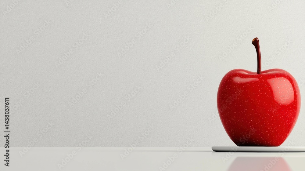 Poster a 3d rendering of a red apple with a brown stem and shadow.
