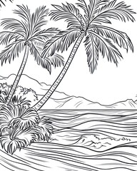 Tropical beach, palm trees, ocean waves, mountains background, coloring page