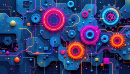 Colorful Digital Background of Gears and Circuit Patterns in Blue