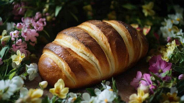 A long, brown, and slightly burnt bread is placed on a wooden table with a bunch of flowers surrounding it. The bread is cut into strips and has a slightly crispy texture
