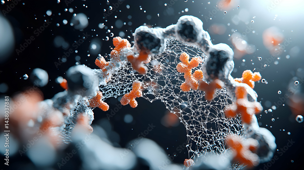 Poster microscopic view of a biological structure possibly related to cells or molecules. it could be used 