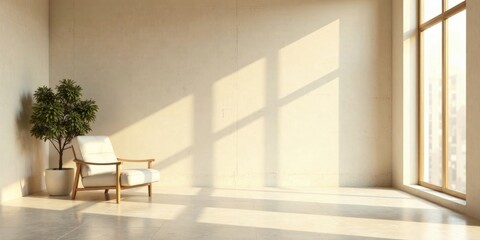 Fototapeta premium Serene Minimalist Room Interior Design with Sunlight Streaming Through Large Window and Comfortable Armchair