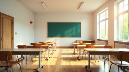 Sunlight streams through large windows illuminating an empty classroom with desks and a chalkboard
