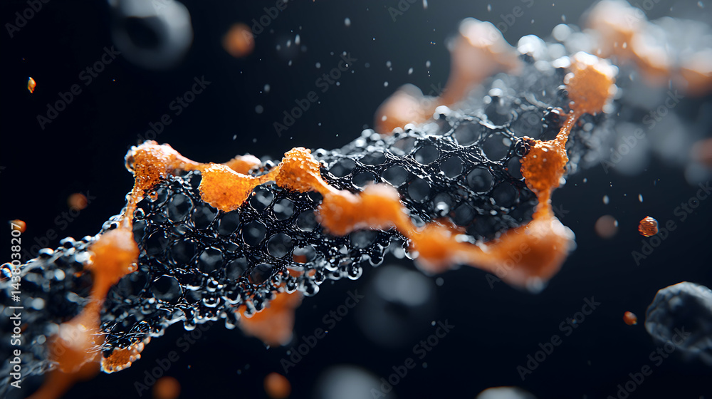 Poster microscopic view of a nanomaterial with an orange substance. this image can be used in scientific pr