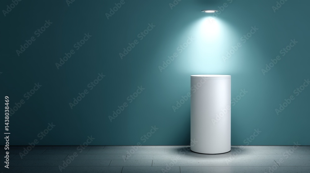 Aufkleber clean white cylindrical pedestal stands against a deep teal background, illuminated from above by a 