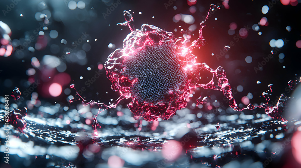 Poster a vibrant abstract rendering of a cell bursting with energy. the red and black colors suggest cellul