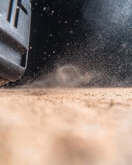 Dusty car speeds down a country road kicking up clouds of dust in the bright afternoon sunlight