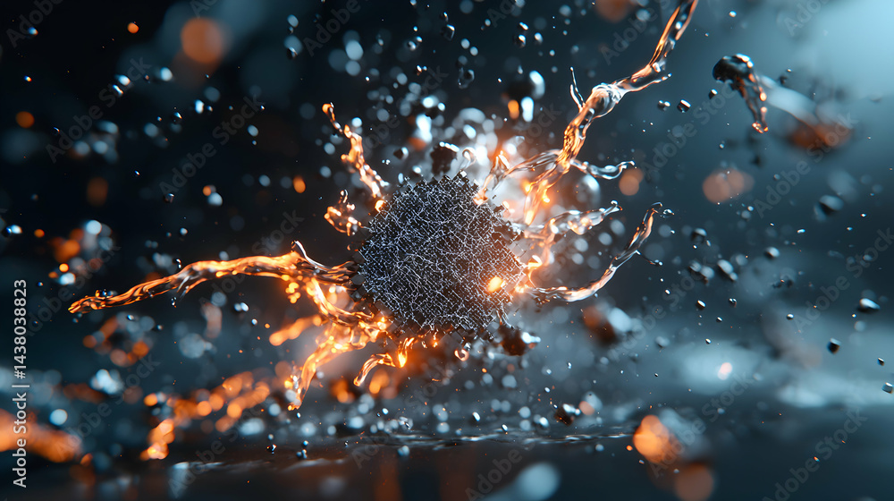 Poster abstract artwork of water exploding around a textured core creating a dynamic effect. ideal for tech
