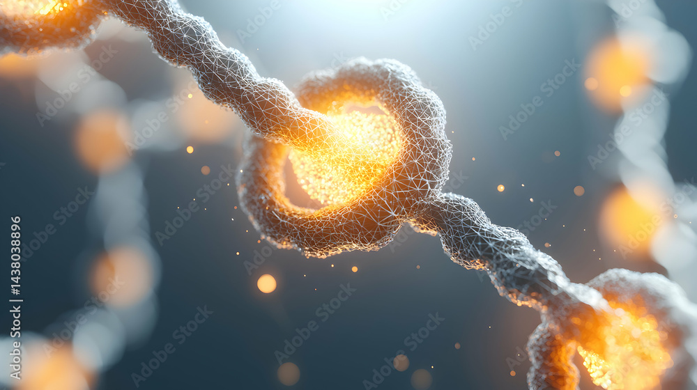 Poster abstract image of a glowing structure resembling a biological chain. good for science articles or te