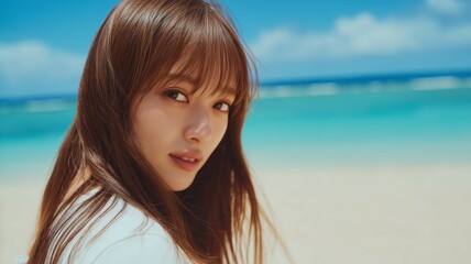 海の背景と美女のポートレート