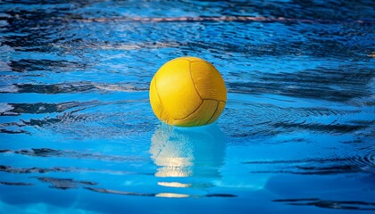 a yellow water polo ball is floating in a pool of water the water is clear and blue