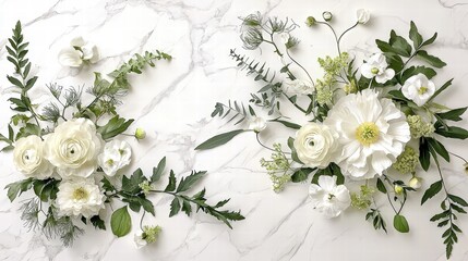 Delicate white flowers artfully arranged on a polished marble background evoking elegance and purity