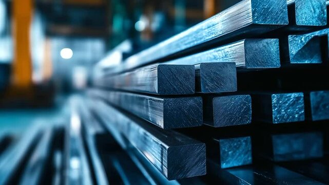 Close-up of precision-cast beryllium metal bars stacked tightly in rows, edges clean and uniform, set in a sterile laboratory warehouse.