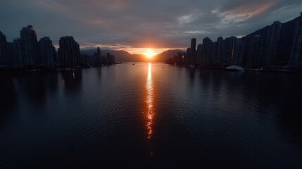 Fototapeta premium Sunset over city skyline reflected in water