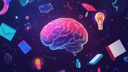 Fototapeta premium An artistic representation of a colorful brain sketch surrounded by icons related to education, such as a graduation cap, notebook, and lightbulb, symbolizing creativity and learning.