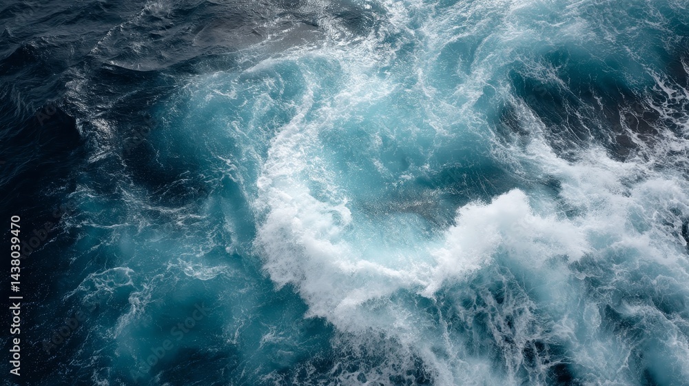 Poster deep turquoise waters swirl with powerful ocean currents, showcasing dynamic textures and white foam