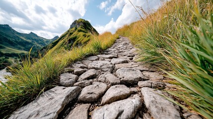 Rugged Stone Path Ascending Mountainside Under Partly Cloudy Sky