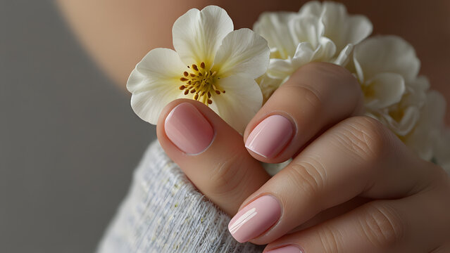 Close-up de unhas feitas segurando flores brancas