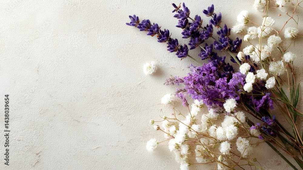 Aufkleber dried lavender sprigs and small white gypsophila flowers elegantly frame a textured beige paper back