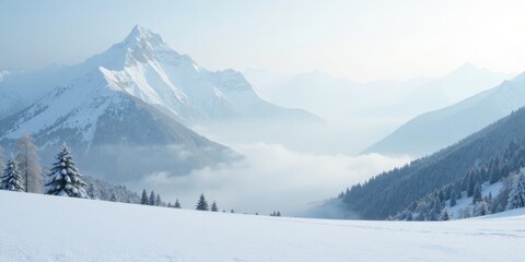Fototapeta premium Serene Winter Mountainscape Snow-Covered Peaks and Misty Valleys, a Breathtaking View of Nature's Tranquility