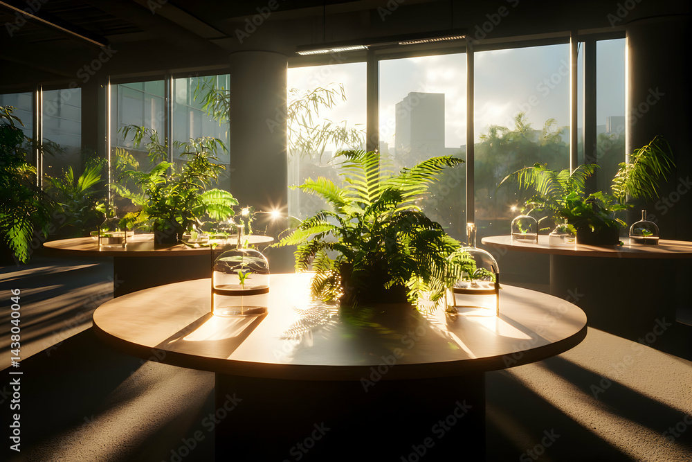 Poster a modern interior with large windows round tables and vibrant green plants creates a tranquil space.