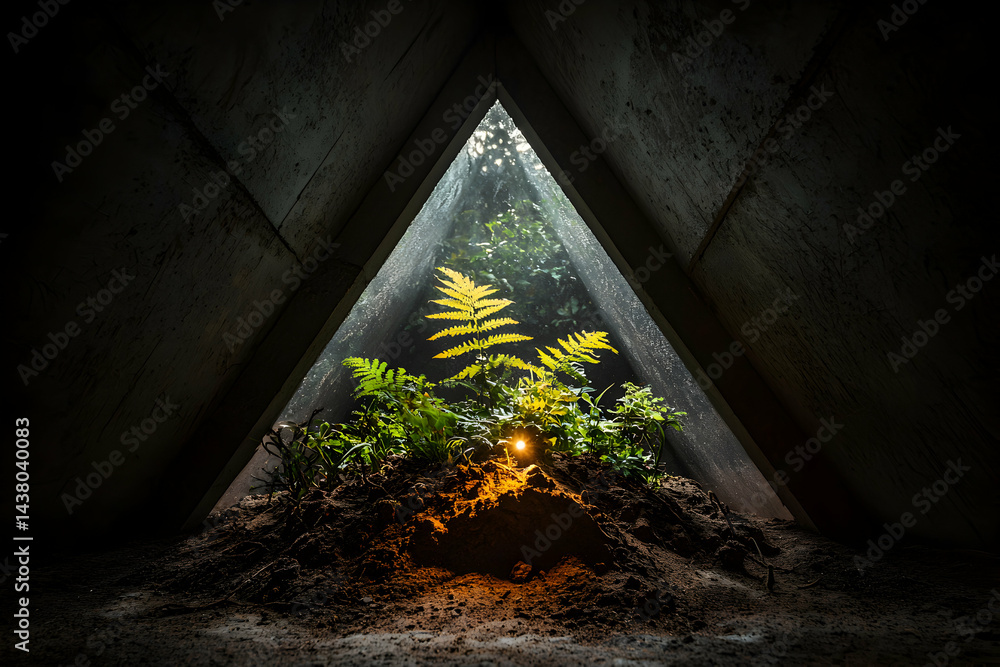 Poster a triangular opening reveals a vibrant fern illuminated by a distant light source. an intriguing com