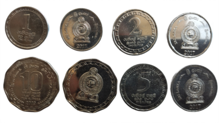 Current valid Sri Lanka coins including 1, 2, 5, and 10 Rupees, featuring official designs used for everyday transactions across the country.
