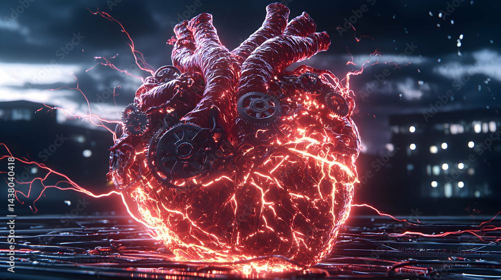 Poster an image of a mechanical heart illuminated. its design evokes technology and biology. suitable for c