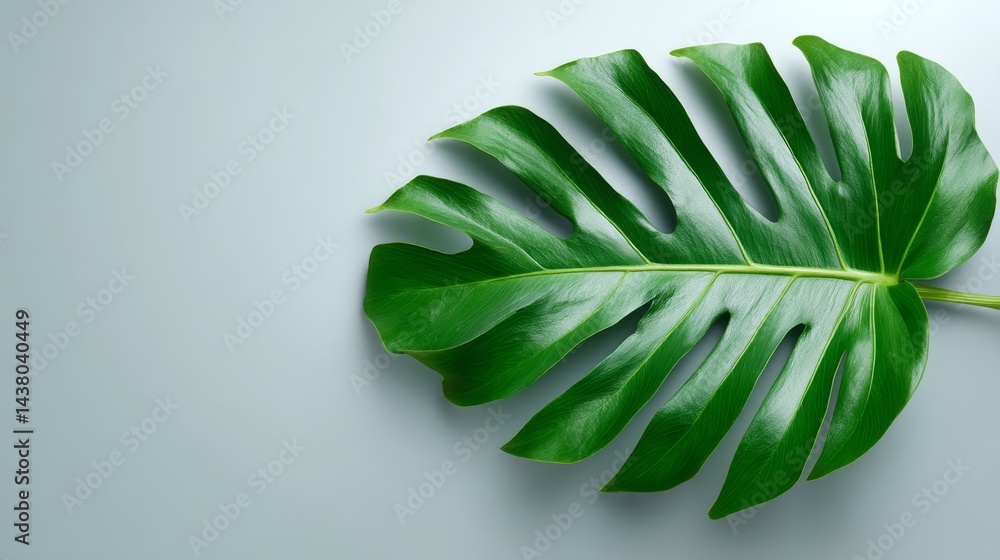 Leinwandbilder A vibrant monstera leaf displayed from above on a soft gray backdrop, highlighting its unique shapes and shadows while offering room for text or design