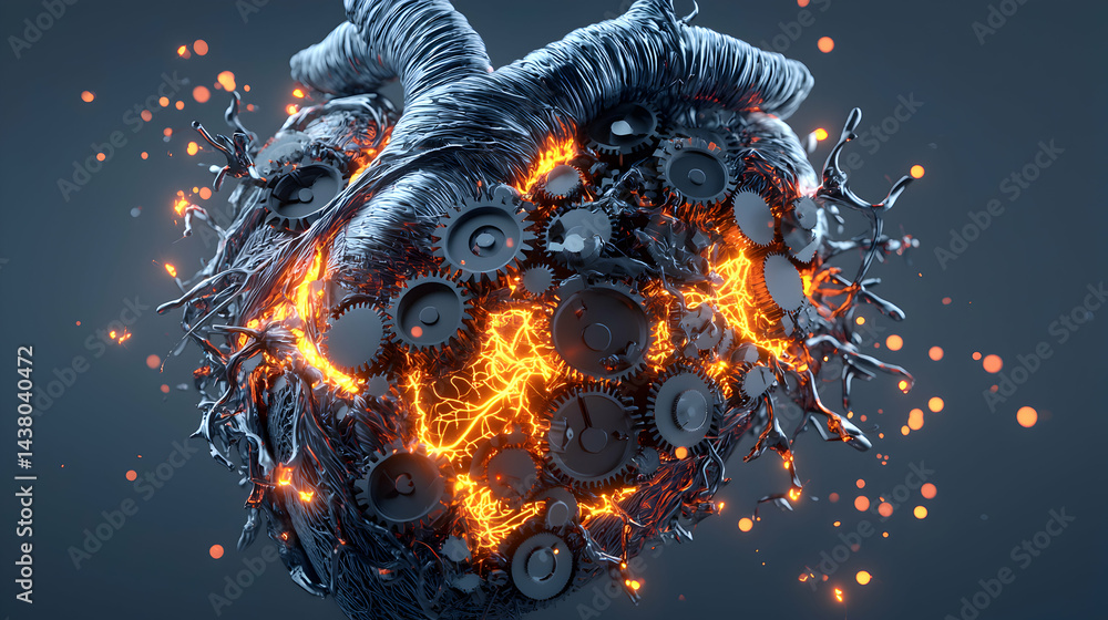 Poster a digital artwork depicting a mechanical heart pulsating with energy and gears. it could symbolize a