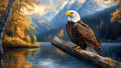 Majestic Bald Eagle in Autumn Forest by a Mountain Lake – Wildlife Nature Art
