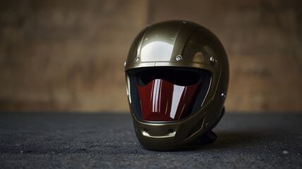 Fototapeta premium Stylish Olive Green Helmet Featuring a Curved Red Visor