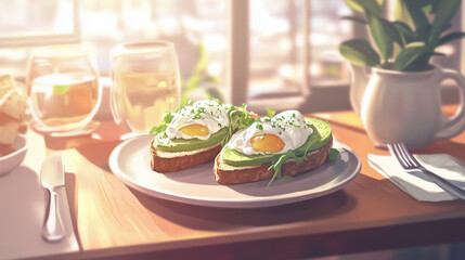 Healthy avocado toast with poached eggs