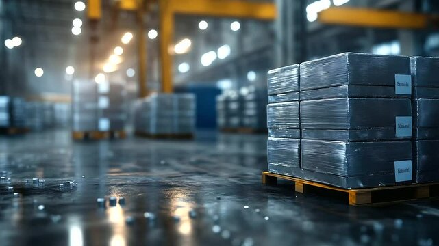 Stacks of raw beryllium element ingots beside labeled crates for alloy preparation in a scientific manufacturing zone.