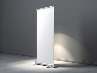 A blank white retractable banner stand displayed against a gray wall in a brightly lit room