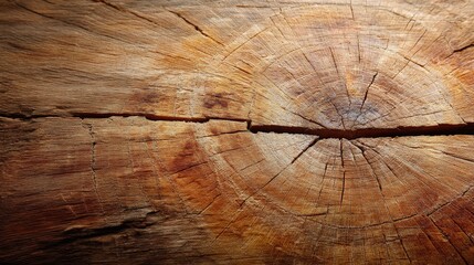 Tree stump cross-section captures intricate growth rings and organic cracks, emphasizing natural textures against a warm background with space for text