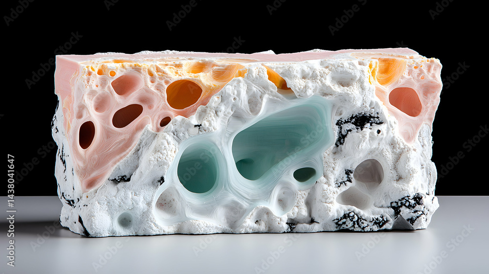 Poster a cross-section of a colorful layered object. likely a 3d-printed model exploring texture and voids.