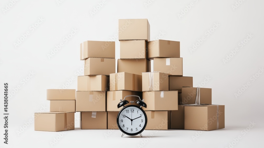 Poster a stack of cardboard boxes with an alarm clock in front, symbolizing time management and shipping.