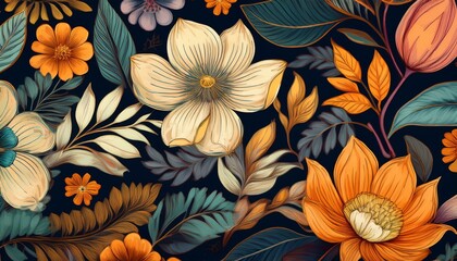 floral pattern drawings of flowers and leaves on a dark background for fabric design