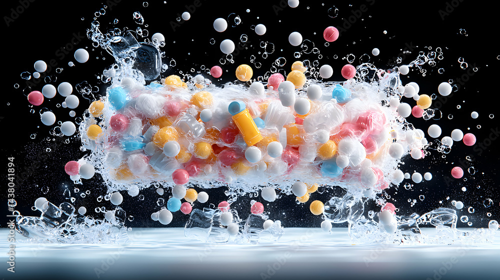 Poster a dynamic image showcasing a colorful burst of objects. it could be used for advertising laundry det