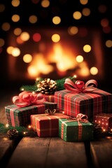 Festive Christmas gifts wrapped in plaid paper sit by a cozy fireplace, surrounded by pinecones and holiday lights.
