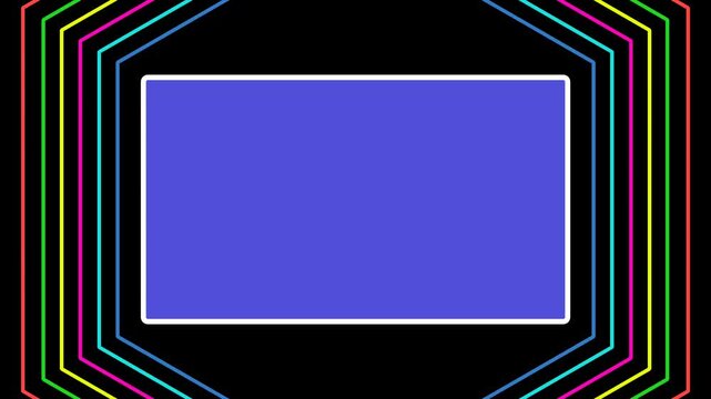 Pop up animation of rectangular templet background and flashing colorful hexagonal line animation 