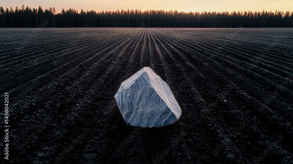 Poster a large rock in a field with a forest in the background.