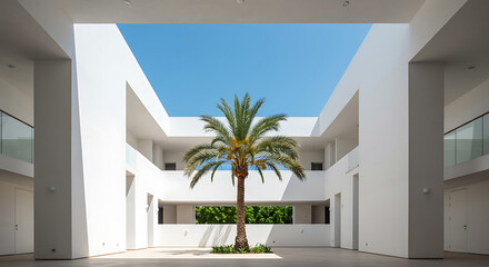 Fototapeta premium Bright Modern White Courtyard with Tall Palm Tree and Clear Blue Sky Overhead, concept for resort hotel, luxury real estate and architectural design showcase