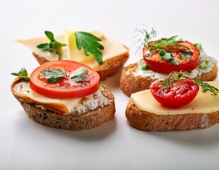 delicious variety of openfaced sandwiches with cheese tomatoes and herbs on white background